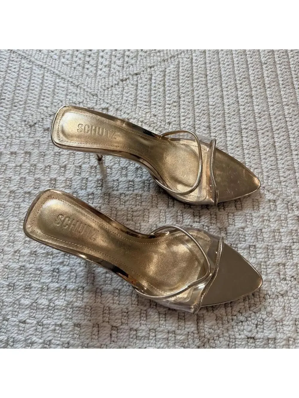 Schutz Elodie Sandal Heel in Platinum Gold